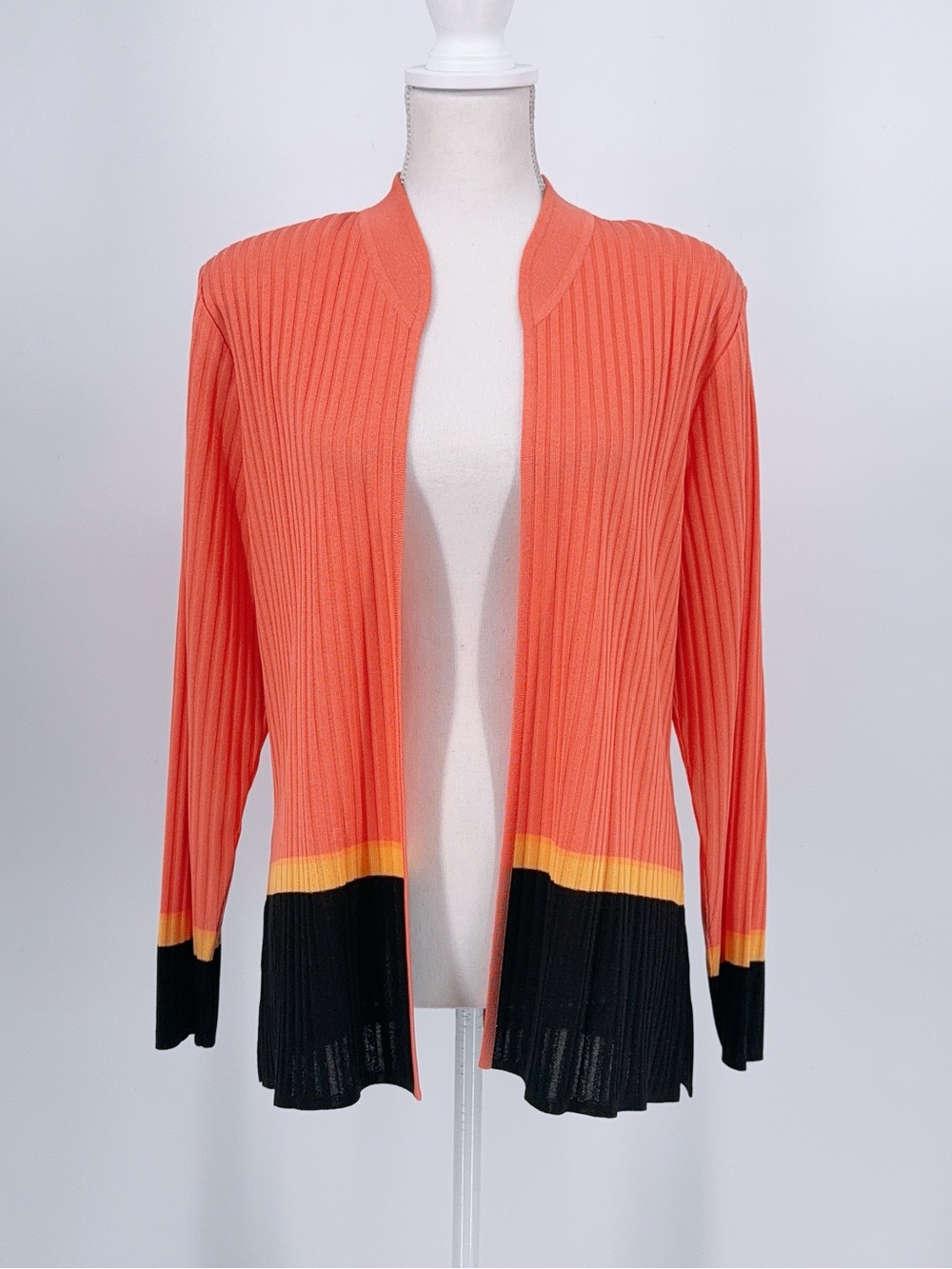 Misook Orange Coral/Yellow Amber/Black Colorblock Ribbed Knit Shell cardigan M